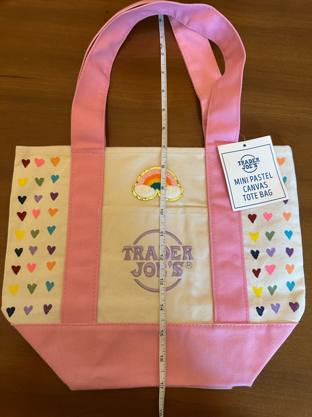 Hand Painted Rainbow Hearts Trader Joe’s Mini Tote Bag - Pink - Picture 2 of 4